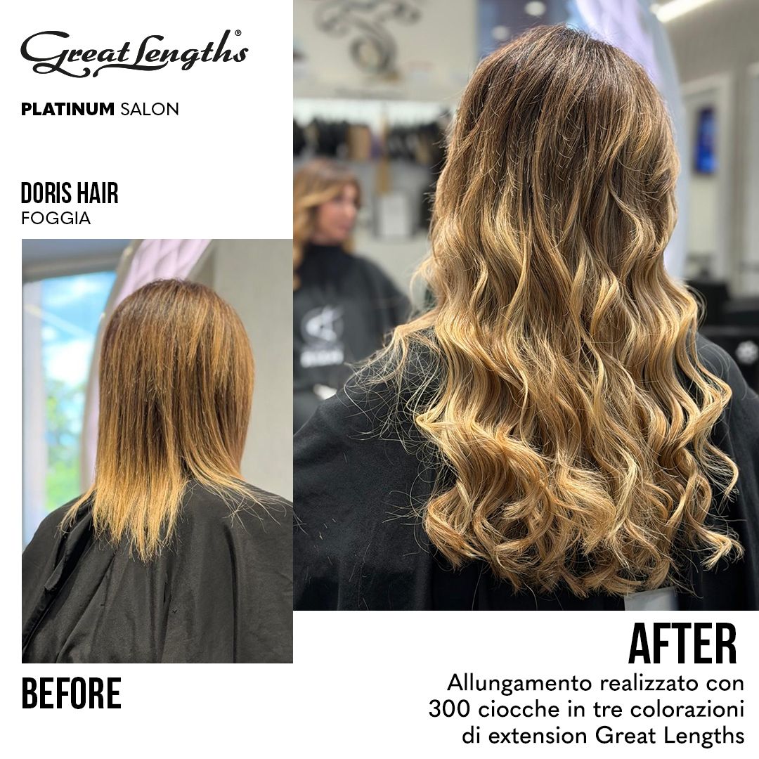 Allungamento realizzato con 300 ciocche in tre colorazioni di extension Great Lengths Doris Hair Foggia