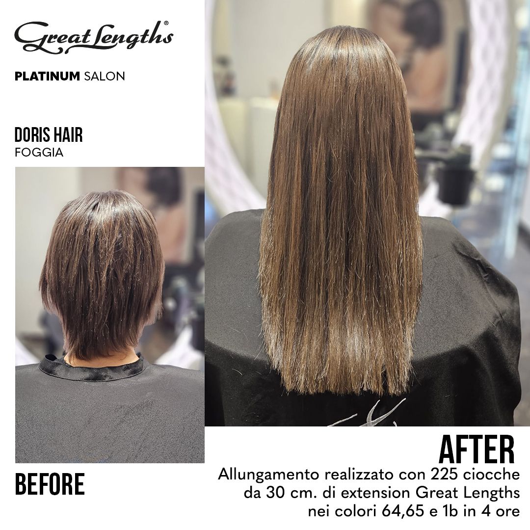 Allungamento realizzato con 225 ciocche da 30 cm. di extension Great Lengths nei colori 64,65 e 1b in 4 ore Doris Hair Foggia