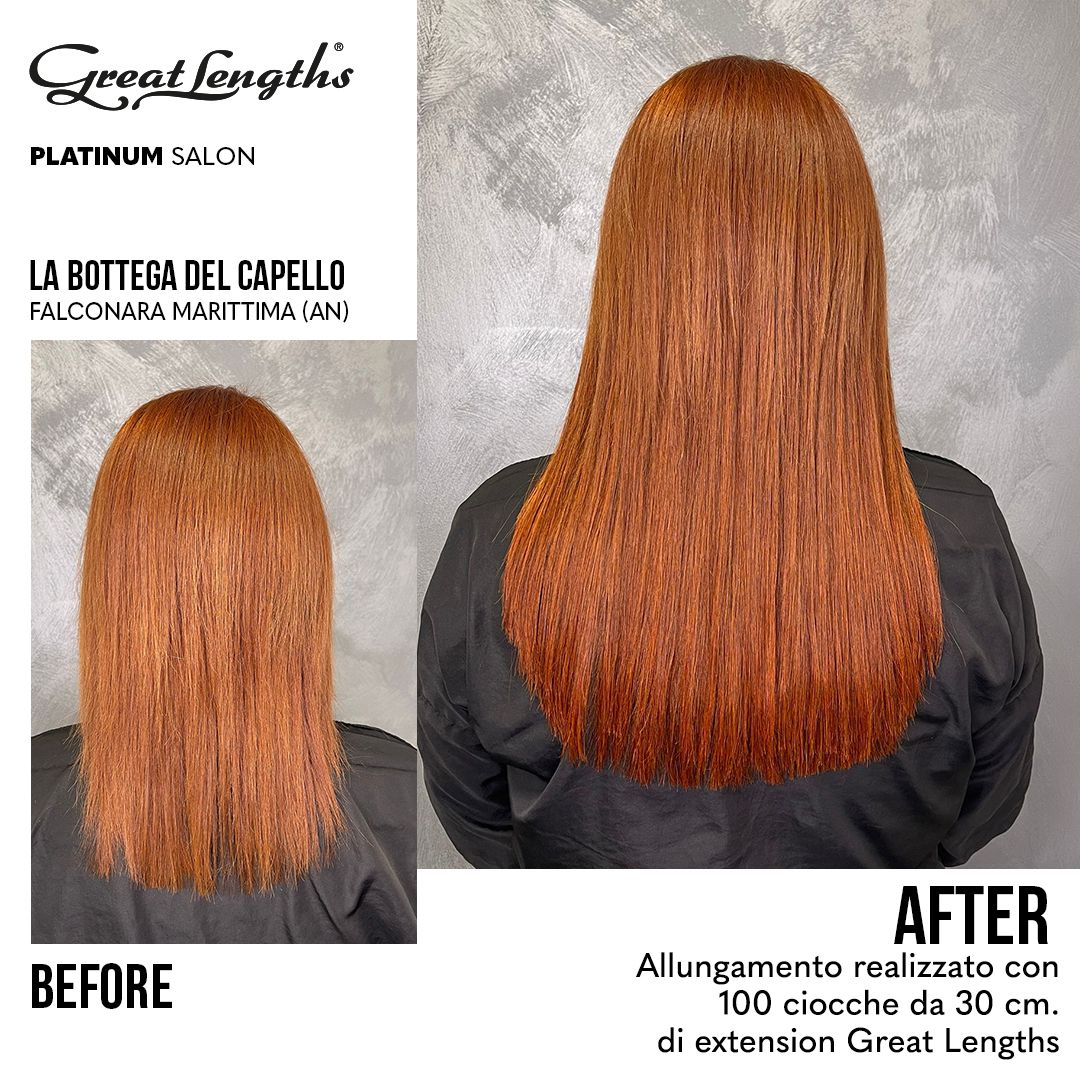 Allungamento realizzato con 100 ciocche da 30 cm. di extension Great Lengths La Bottega del Capello Falconara Marittima
