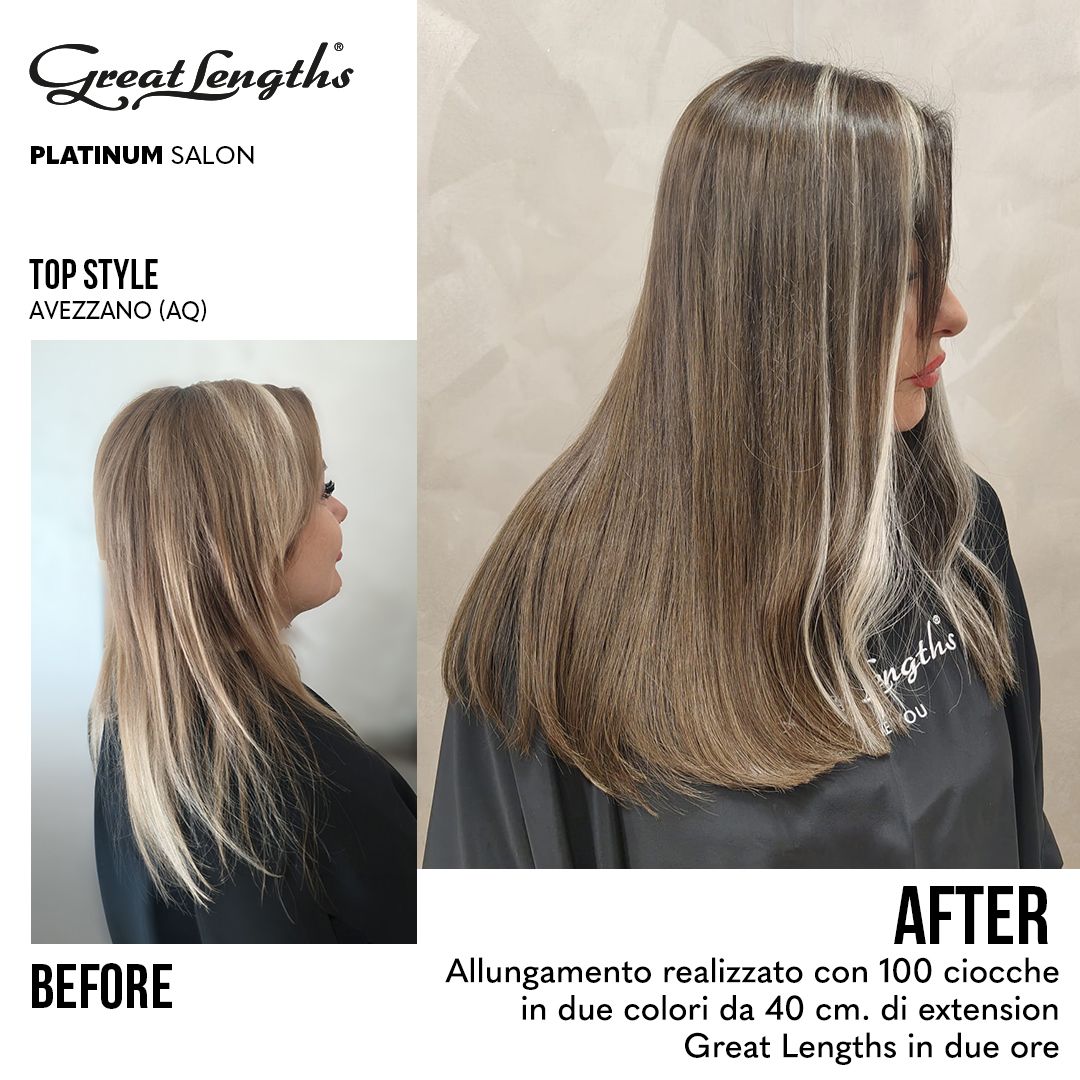 Allungamento realizzato con 100 ciocche in due colori da 40 cm. di extension Great Lengths in due ore Top Style Avezzano