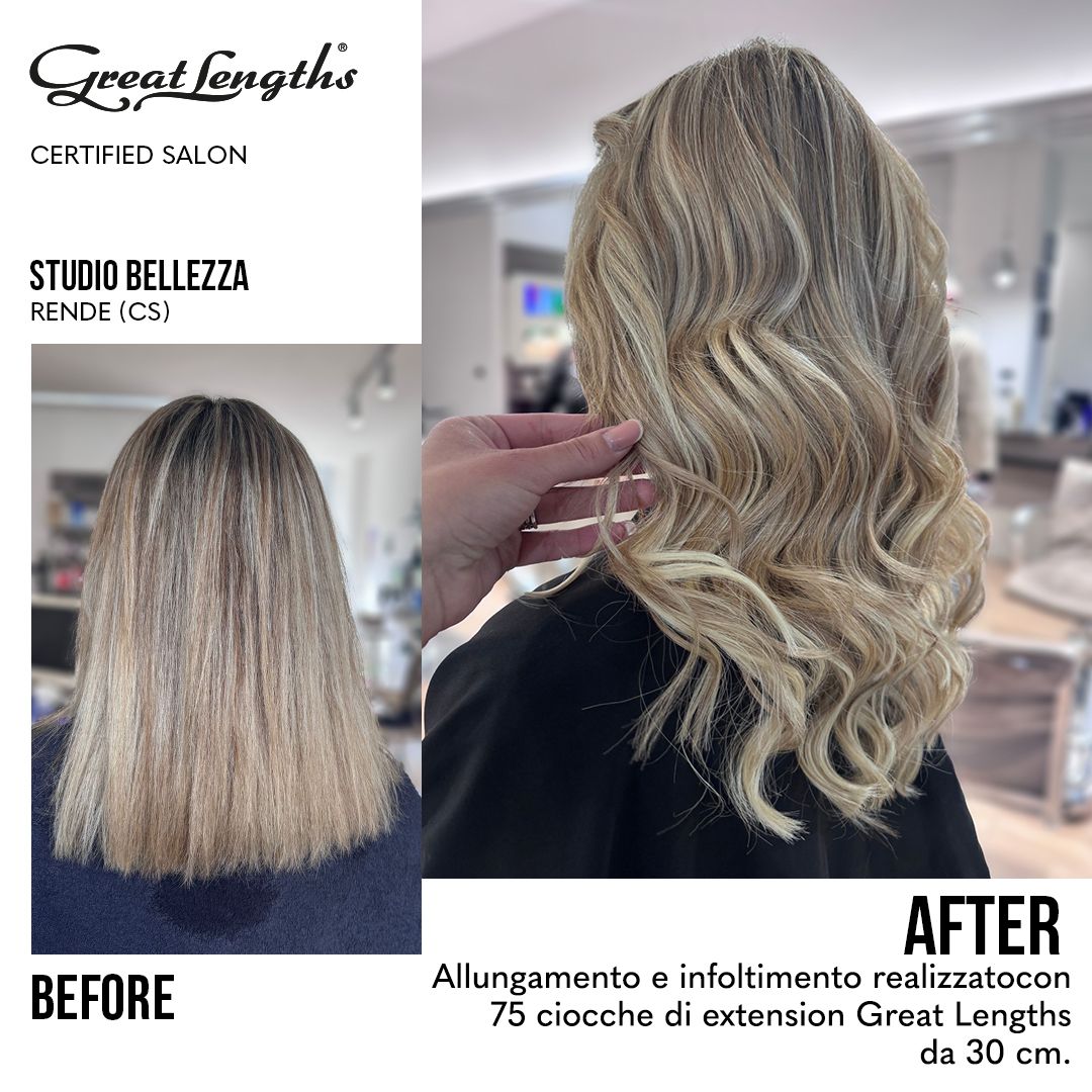 Allungamento e infoltimento realizzato con 75 ciocche di extension Great Lengths Studio Bellezza Rende