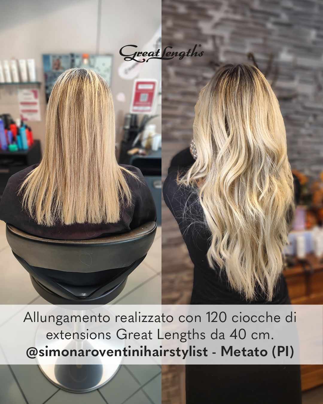 Allungamento realizzato con 120 ciocche di extensions Great Lengths da 40 cm. @simonaroventinihairstylist