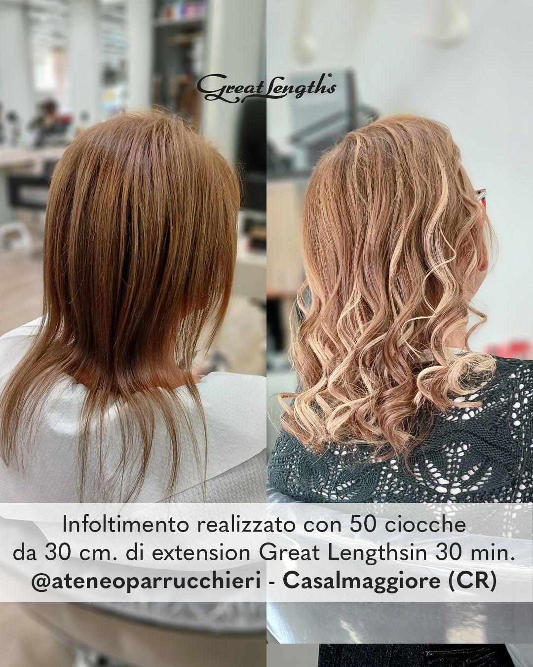 Infoltimento realizzato con 50 ciocche da 30 cm. di extension Great Lengths nei colori 06 e 08 in 30 minuti