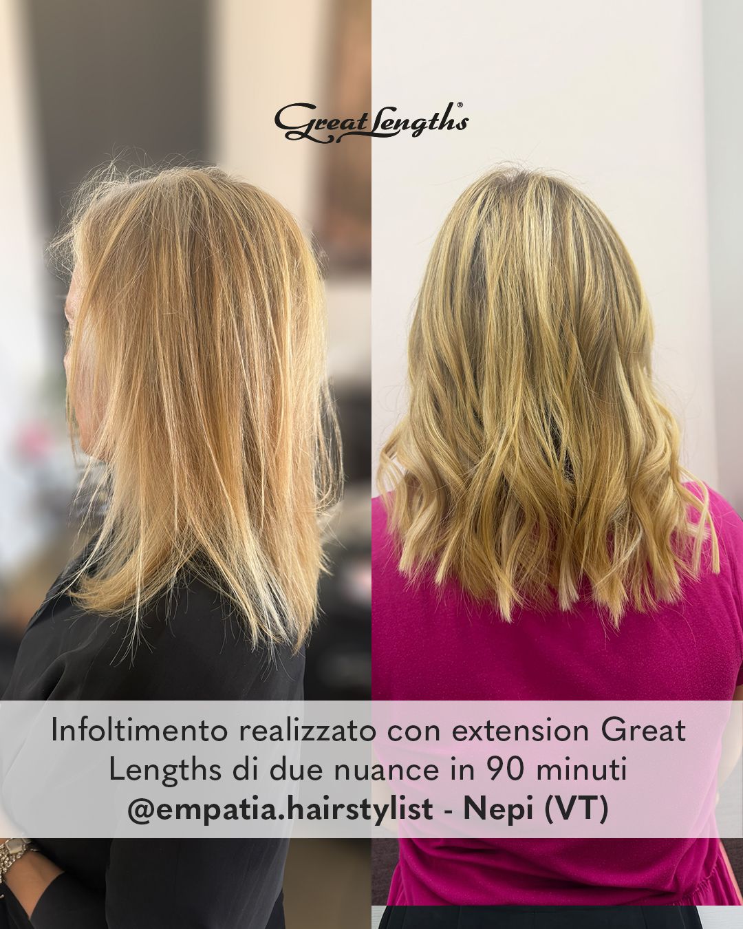 Infoltimento realizzato con extension Great Lengths di due nuance in 90 minuti Empatia hairstylist Nepi